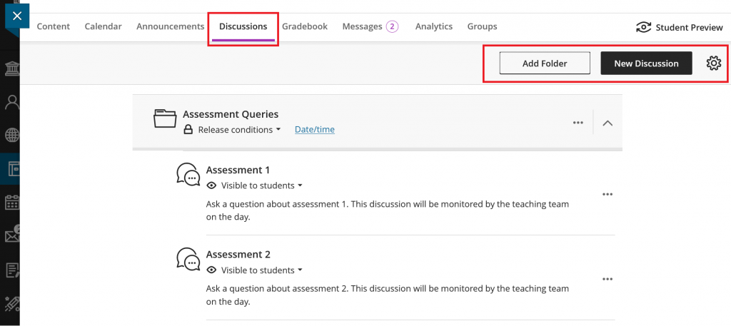 Screenshot of the discussions page showing the Add Folder, New Discussions button and settings cog. Discussions have been sorted into a folder which have release conditions applied.