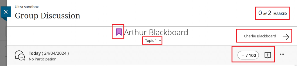 Screenshot of marking a group discussion. Navigation, marks and feedback icons are highlighted.