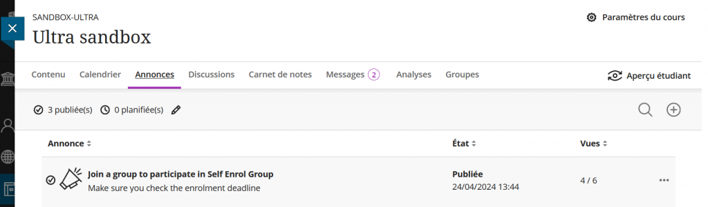 Screenshot of a announcements area in student view. The announcement is in English but the rest of the course is in French.