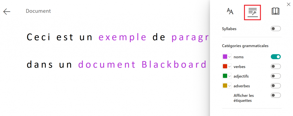 Screenshot of Blackboard Ally immersive reader. The sentence "Ceci est un exemple de paragraphe dans un document Blackboard Ultra." has nouns highlighted in purple and the Immersive Reader settings panel is in French.