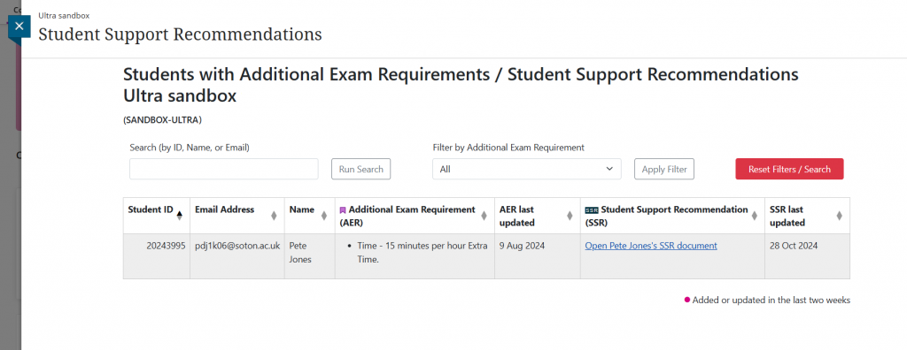 Screenshot of the Student Support Recommendations Tool in a Blackboard Ultra course.