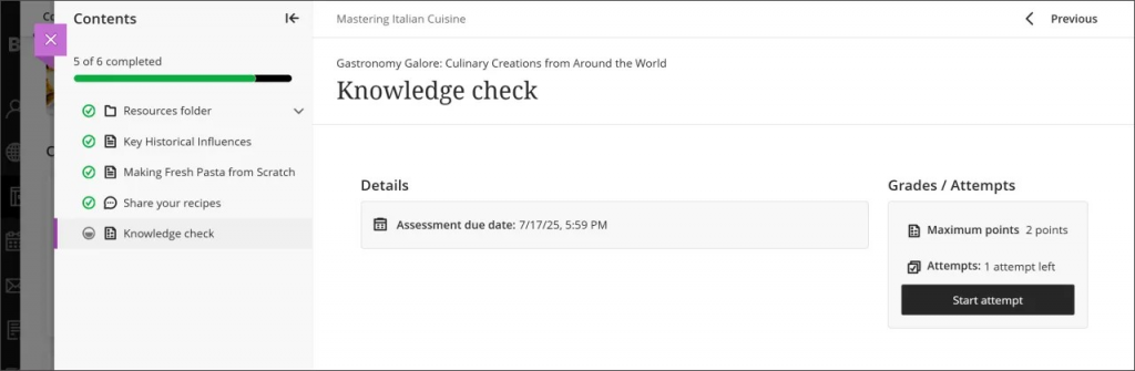 Screenshot of student view. Student is taking a Blackboard test and they can see the Table of Contents for the learning module on the left.