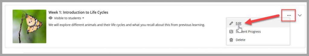 Screenshot highlighting three dots (ellipsis) on Learning Module with arrow pointing to the Edit button.