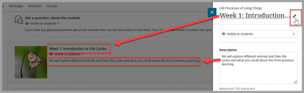 Screenshot of the Edit menu on an Learning Module highlighting where you can update the title and the description