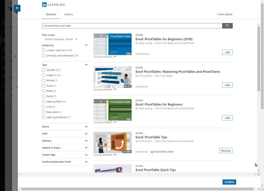 The Discover tab with a search criteria of Microsoft Excel pivot table providing results that match. There is a range of tick boxes to apply further filters to these outcomes. By default the options to display content from specific providers or by content type are available. Other filters can be applied by Source, Level, Software, Subjects and Topics, Custom Tags and Continuing Education Units (which is a US-based feature)