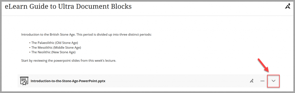 Screenshot of Student View of Ultra document showing how to expand view to access uploaded file