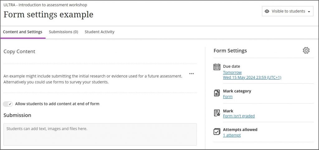 The Form page, with its tabs, instructions and setting summary.