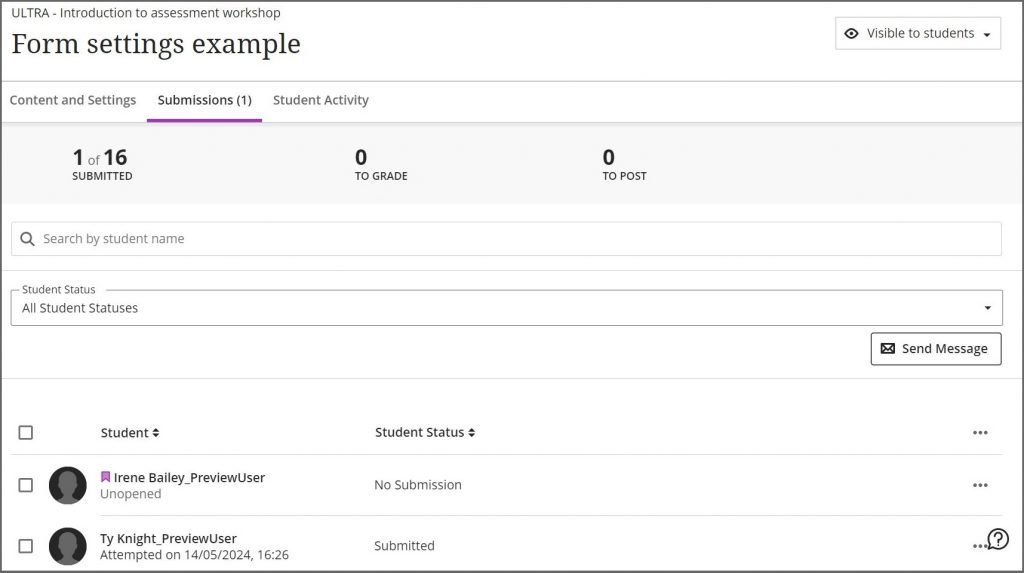 The submissions page showing the summary information.