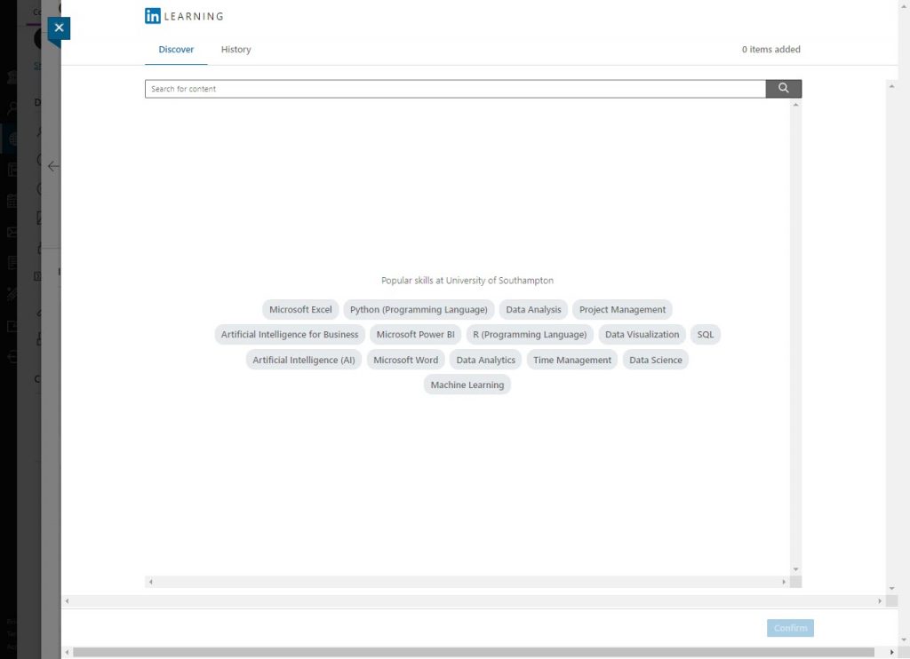 The LinkedIn Learning LTI Discover tab with a search for content field, and a list of selectable popular skills at the University of Soutampton