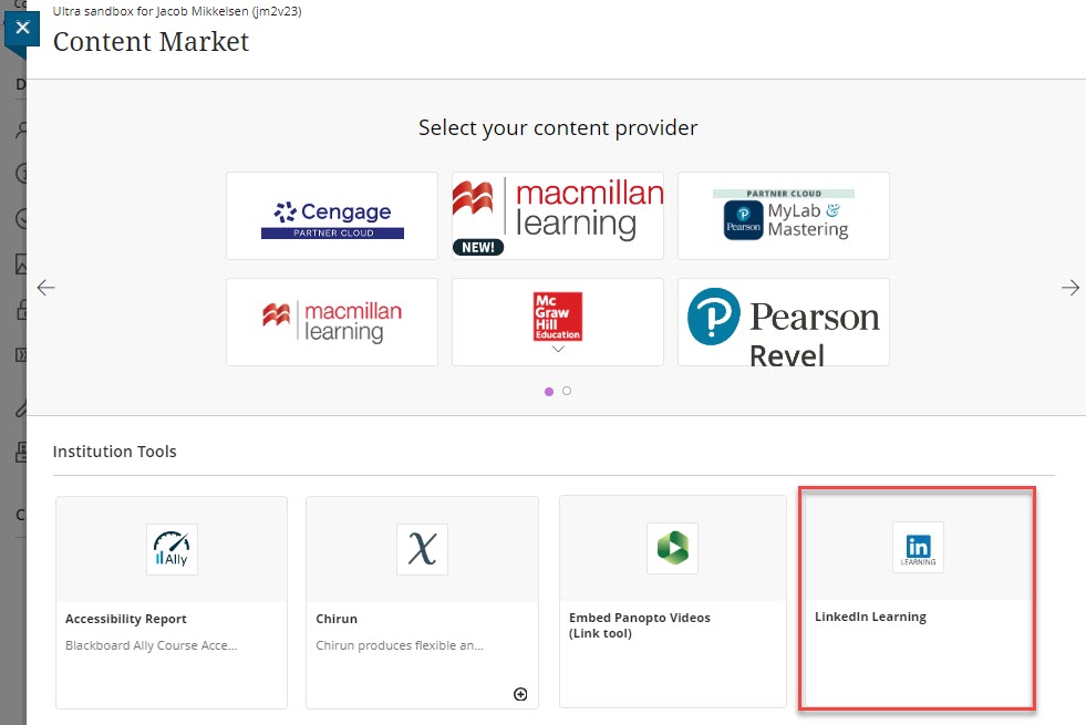 The Content Marketplace menu provides a list of third party suppliers. This list contains the LinkedIn Learning icon and label.