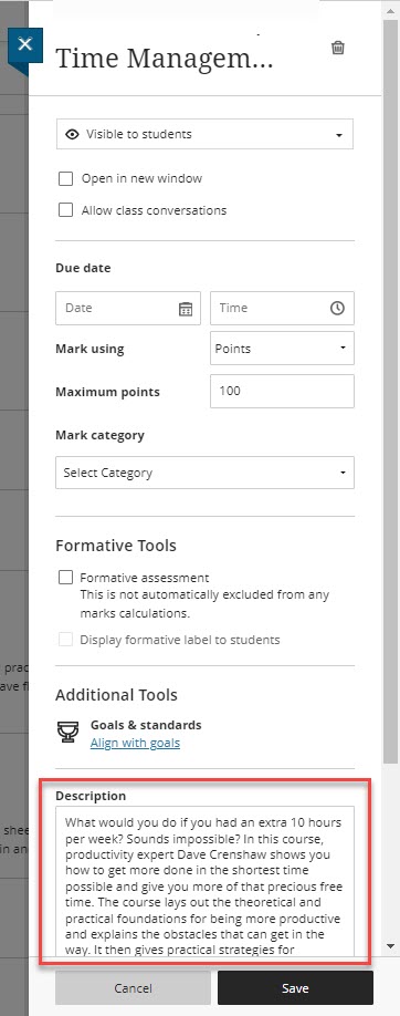 The course content sidebar has a wide range of options, the last field is the Description followed by cancel and save buttons.