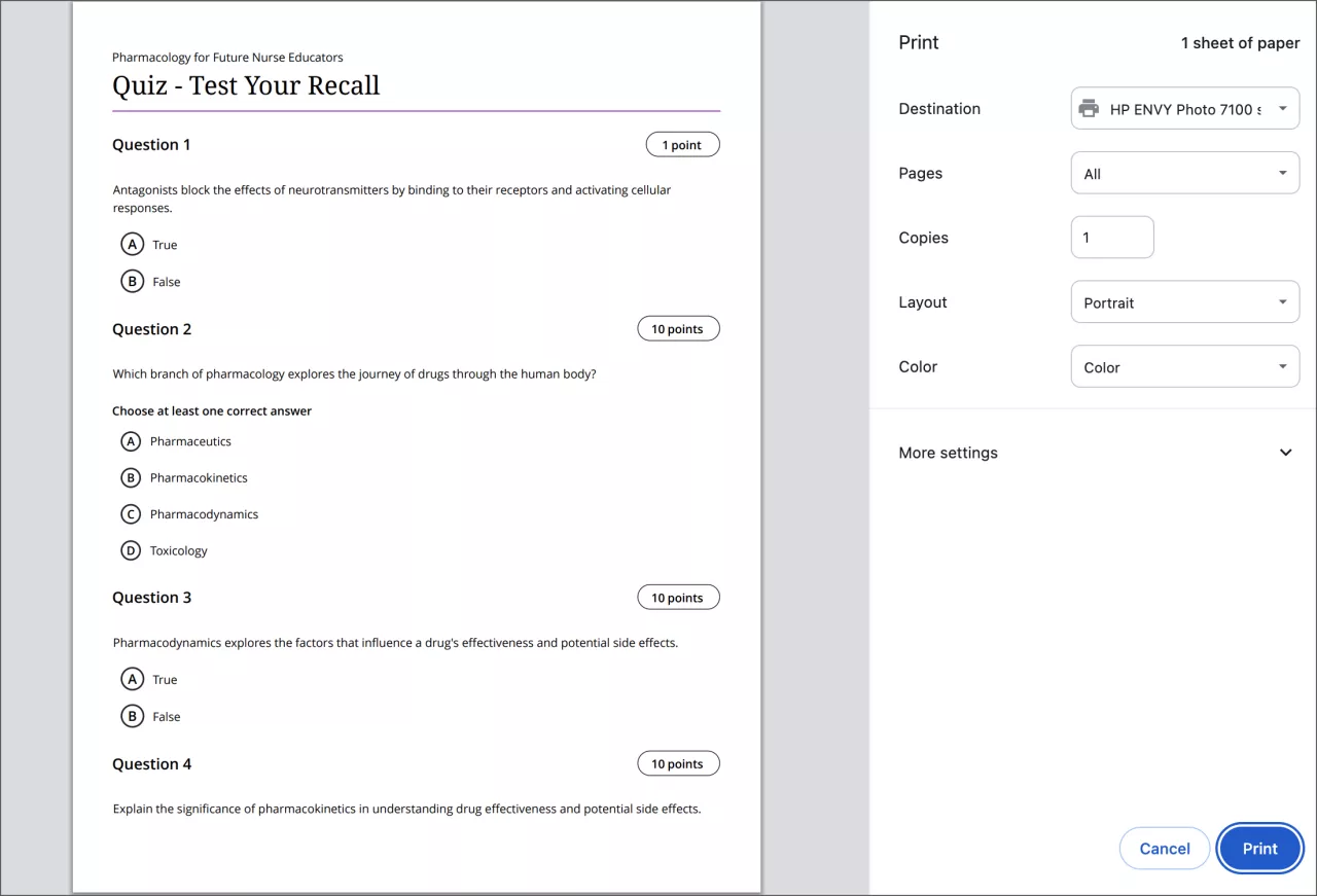 Screenshot of the process of printing a test