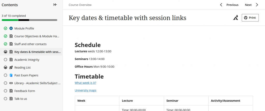 Screenshot of a document in student preview, with a table of contents on the left-hand side.