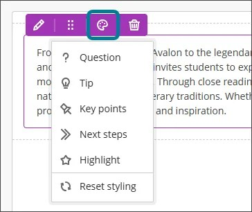 Screenshot of the block menu in Blackboard Ultra. The Block styles icon is highlighted. It looks like a paint palette and is the middle option.