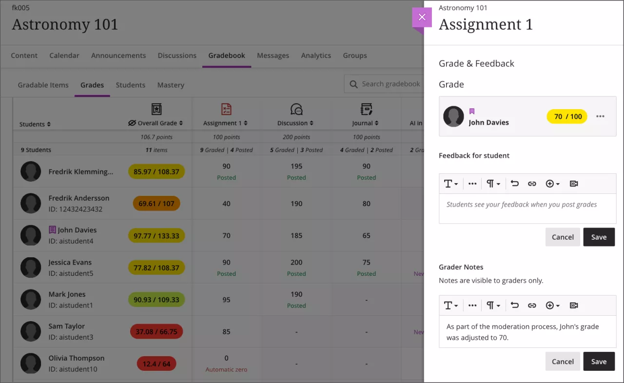 Screenshot of the gradebook. The Grade and Feedback panel is open and you can see some grader notes.