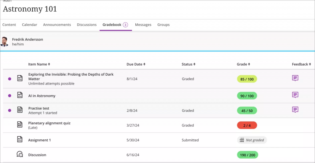 Screenshot of a student view of the gradebook. New marks are highlighted in a light purple colour, with a purple dot on the left.