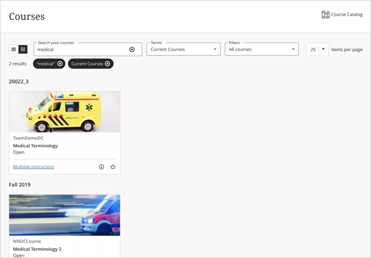 Screenshot of the courses page. The person has searched for "Medical" in their current courses. You can see these search filters applied by the black pill indicator below the search bar.