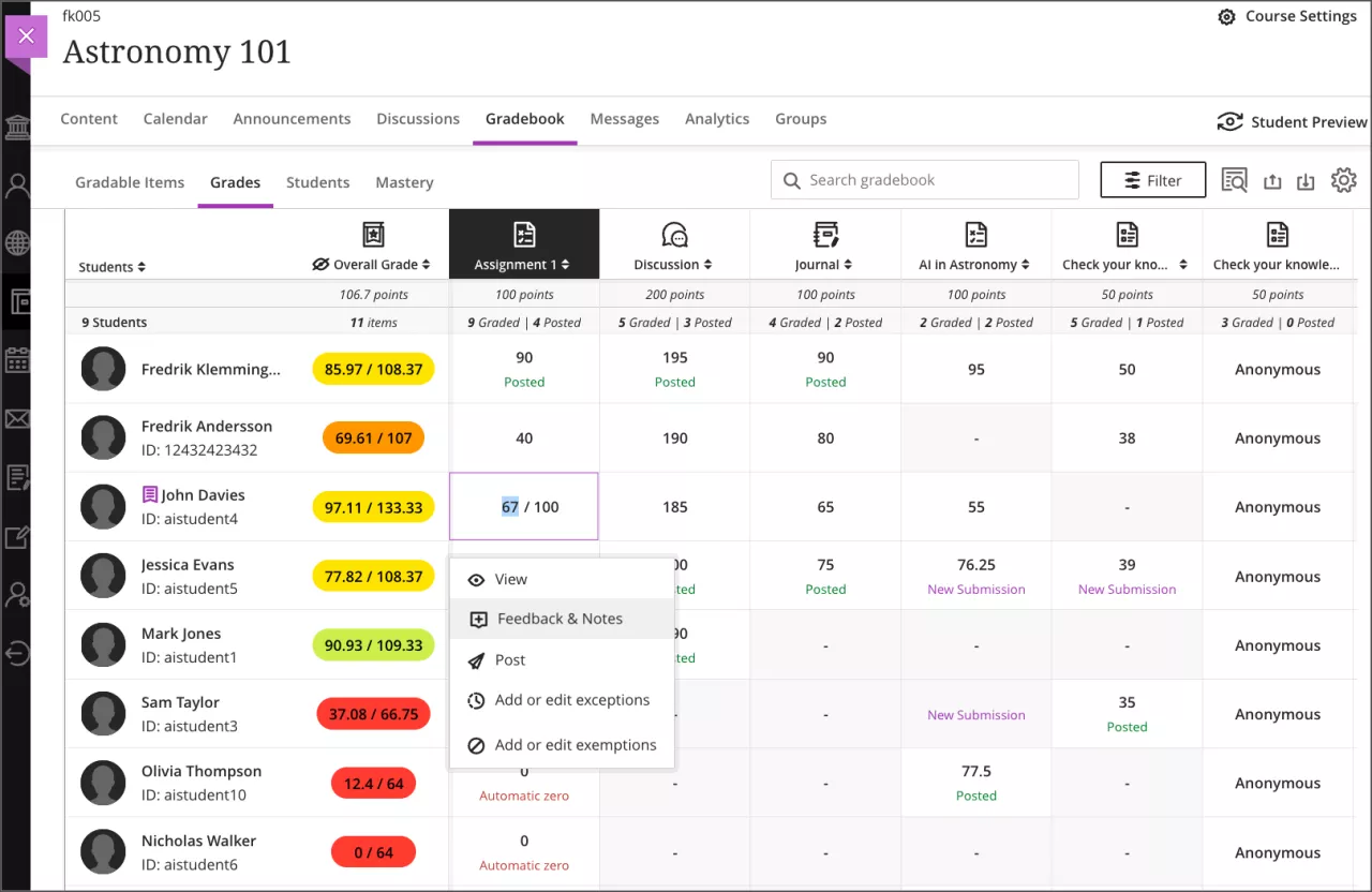 Screenshot of the gradebook. A student submission is highlighted and the Feedback and notes menu option is highlighted.