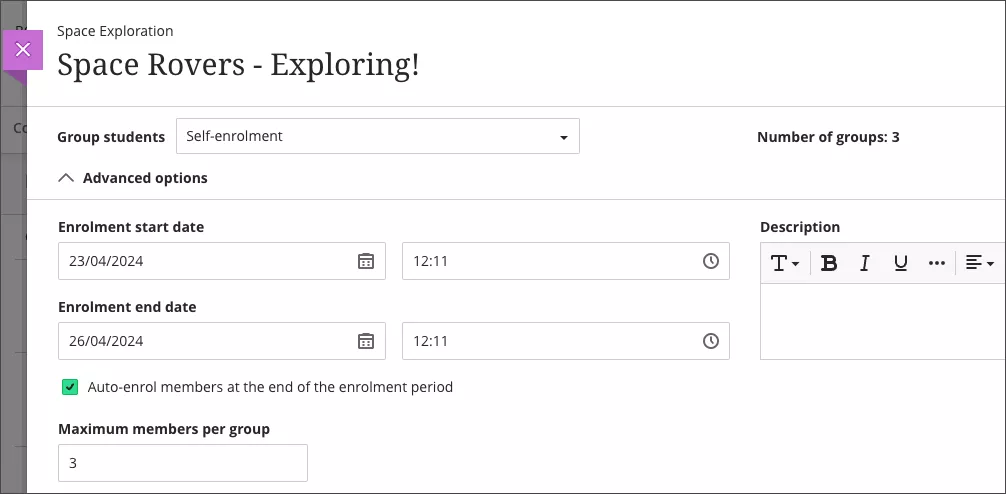 Screenshot of the create a self-enrol group page. There is a tick box for "Auto-enrol members at the end of the enrolment period".