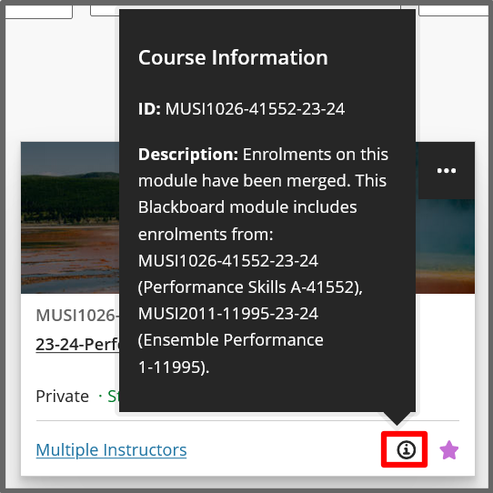 Selecting the coure description fromthe mai Course list, or from the Ulta course menu will show information about merged enrolments. 