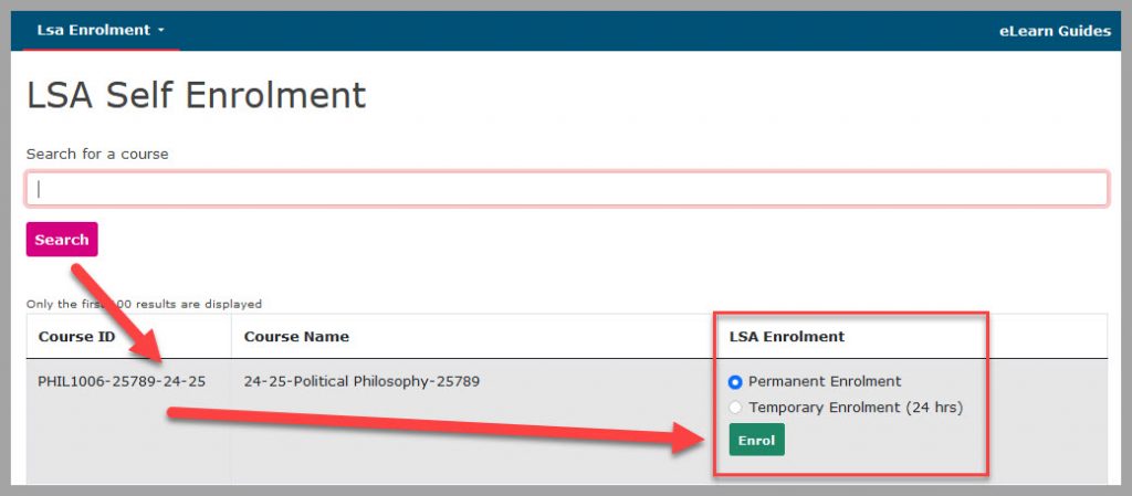 Screenshot of Staff Enroller for LSAs showing course search and enrolment options