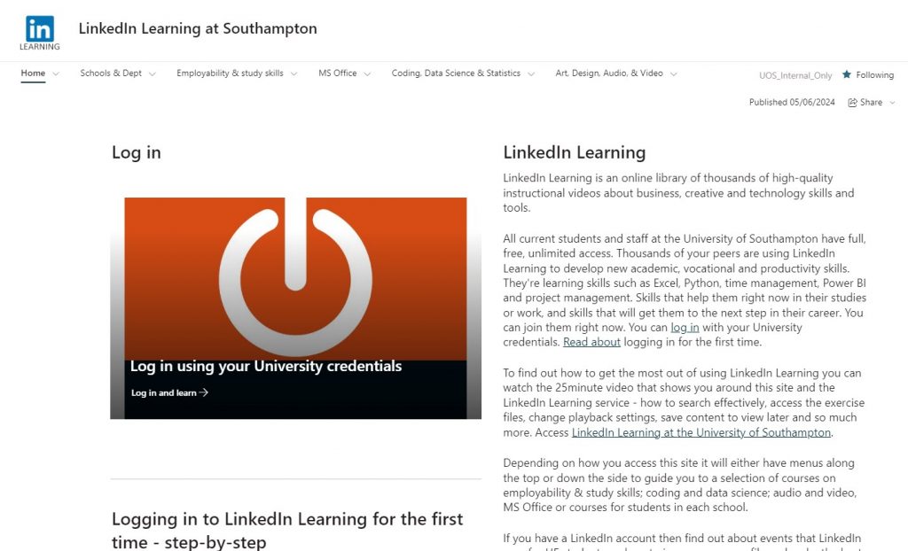 The home page of the University's LinkedIn Learning SharePoint site. There are links to log on and step by step instructions on this process.