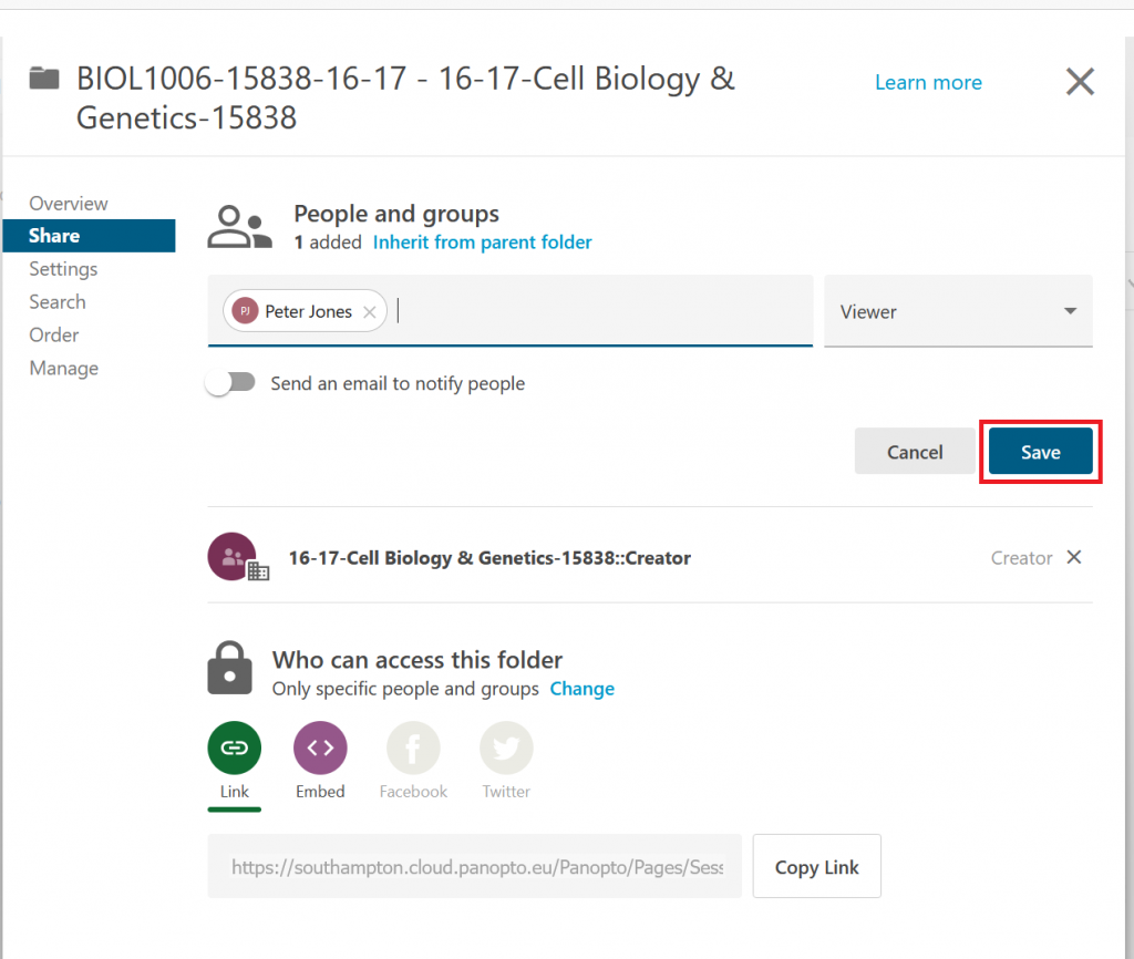 A screenshot image of a Panopto folders 'Sharing' area. Highlighted is the save button.