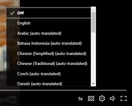 The Closed Caption menu with options to view the fully transcribed text in English, and a menu of languages that use auto-translate.