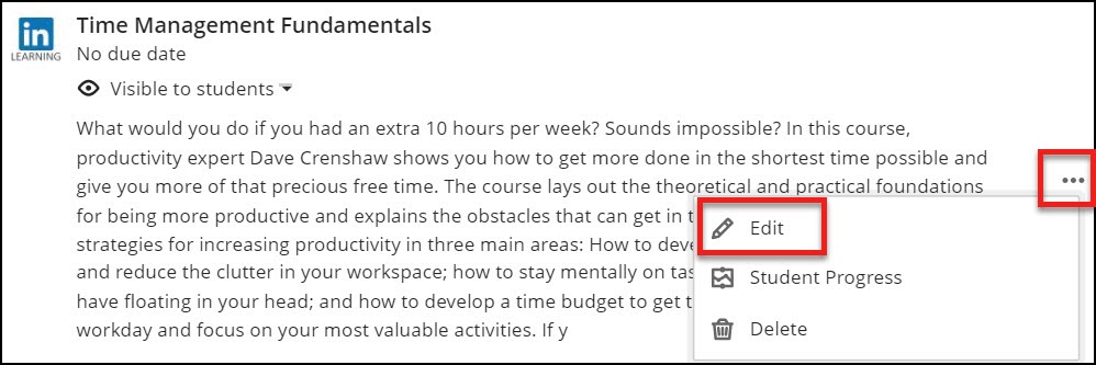 The three dot/ellipsis icon that is displayed after each piece of course content. The menu displays options of: Edit, Student Progress and Delete.