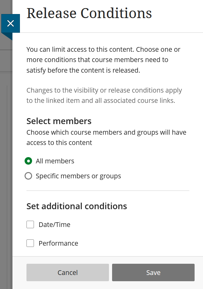 Screenshot of the release conditions settings page.