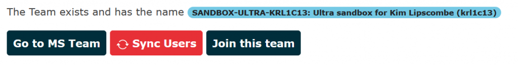 Screenshot of the Go to MS Team, Sync Users and Join this team button.