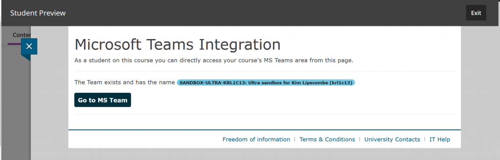 Screenshot of Microsoft Teams Integration page in student preview. The page has a Go To MS Team button.