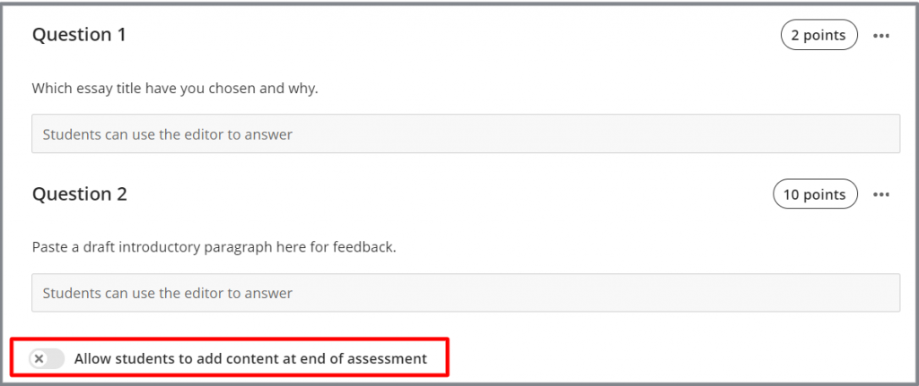 Toggle off the option to Allow student to add contnet at the end of the assessment.