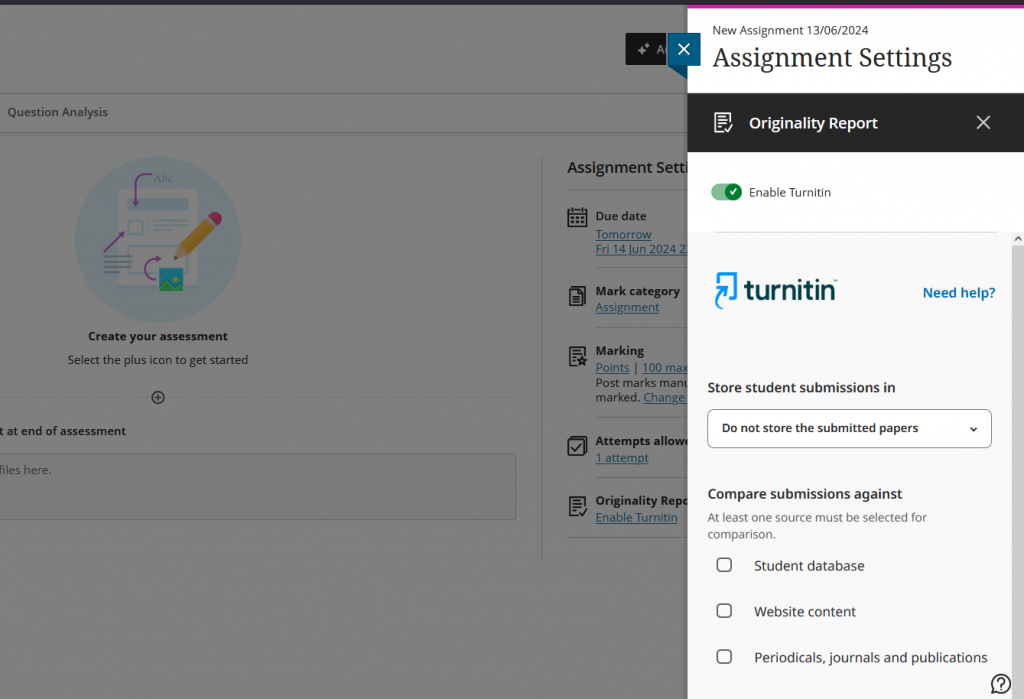 Screenshot of an assignment being created with the Turnitin integration enabled. The Turnitin settings appear in a panel on the right.