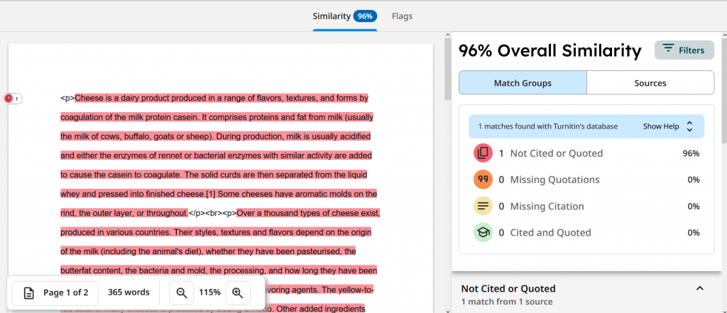 Screenshot of an essay with high levels of similarity. The text is almost all highlighted in red and the match is 96&.