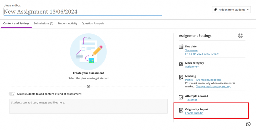 Screenshot of a new assignment being created in Blackboard Ultra. The Originality Report setting on the right is highlighted in a red box.