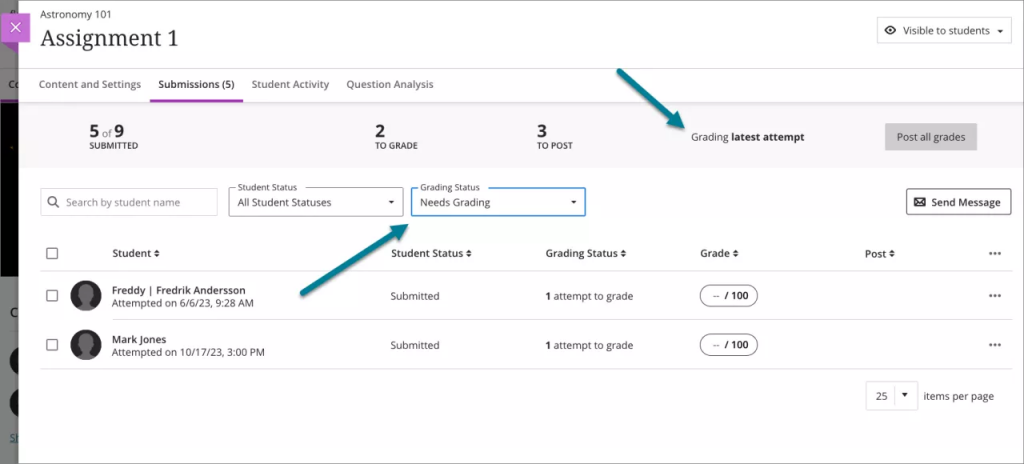 Screenshot of Blackboard Ultra Assignment showing the filter for Needs Grading