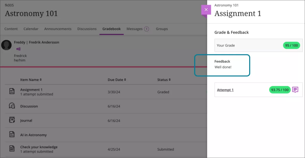 Screenshot of Blackboard Ultra showing Student View of Gradebook and feedback provided