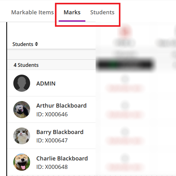 Screenshot of Student list showing names listed with student IDs