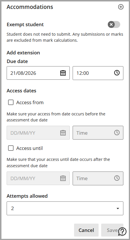 Screenshot of Accommodations shown in the Mark Details panel in Gradebook. 