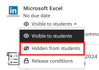 The content visibility menu provides options for content to be visible to students, hidden to students or for a release condition to be applied.