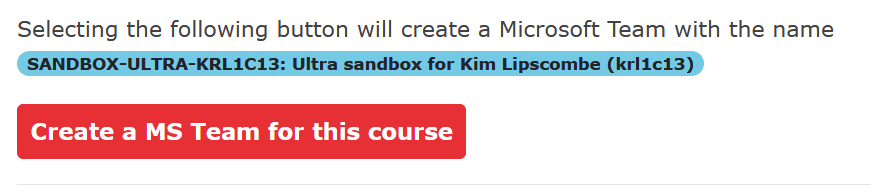 Screenshot of the "Create a MS Team for this course" button. The button is coral colour.