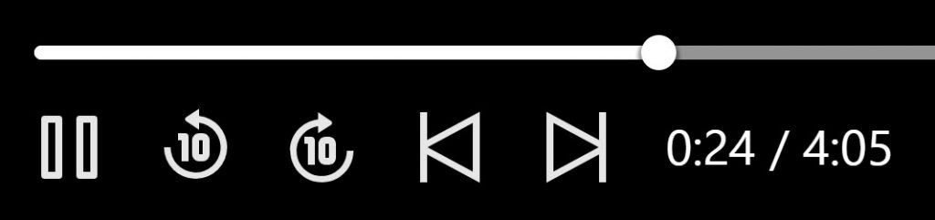 The pla controls with a play/pause toggle button, skip backward/forward 10 seconds buttons, previous/next video button and a time stamp of the current place in the content