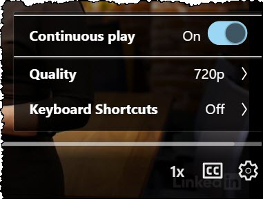 The Settings menu with options for continuous play, quality and keyboard shortcuts