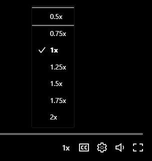 The video playback speed control menu with options to slow the video to 0.5 or 0.75 speed, play it at normal speed (1x) or speed it up 1.25x, 1.5x, 1.75x or 2x