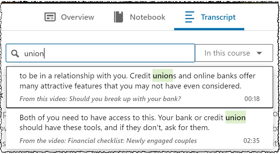 A transcription search for the word 'union' within the whole of a course. Two matches have been located with details of the video and the timestamp of when the word was used.