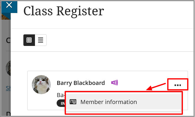 From the Class register select More Options for any staff memver and select Member Information