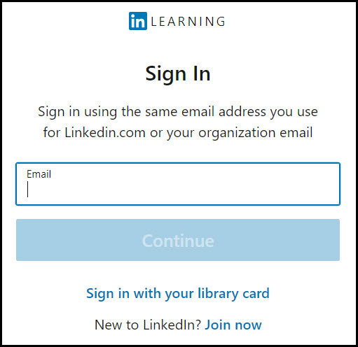 The LinkedIn Learning Sign In dialog box. 'Sign in using the same email address you use for LinkedIn.com or your organization email.' There is a Continue button