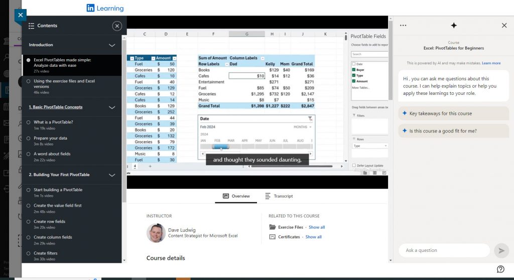 LinkedIn Learning content about using Excel running inside a Blackboard Ultra course. The window has four panes. There is a Contents list, with the current video within the course selected. The video is the largest pane, and is currently set to also display closed captions. The pane below the video is currently displaying the Overview tab, which provides access to the exercise files that go with the video and the certification that can be accessed when the courses is completed. The fourth pane is the AI Coach where questions about the course can be asked or a summary can be provided.