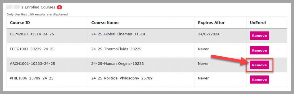 Screenshot of Staff Enroller for LSAs showing the list of courses enrolled on.